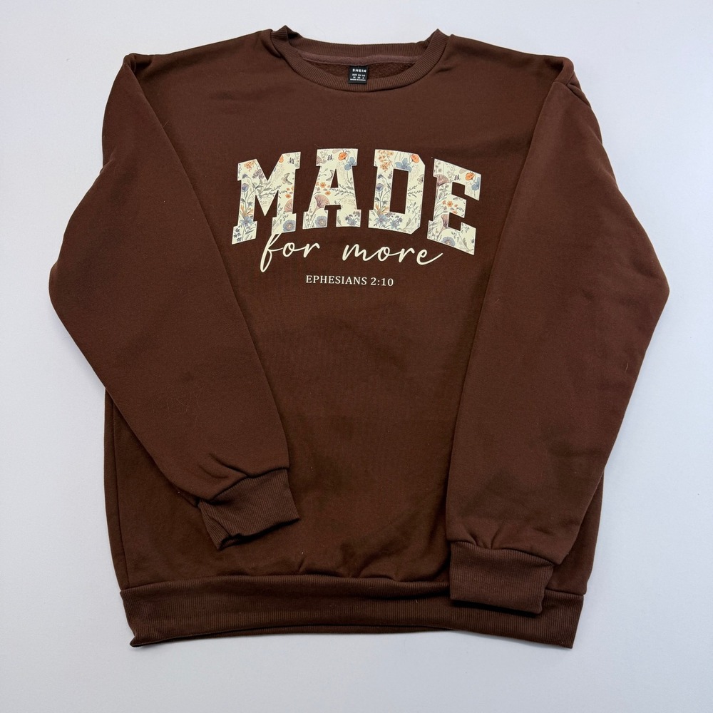 SHEIN Brown Made For More Ephesians 2:10 Floral Graphic Sweatshirt Medium